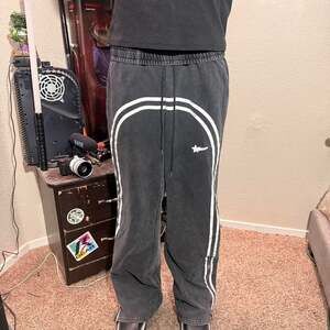Y2K Washed Black Wide Leg Track Pants Zip Hem Double Stripe Streetwear